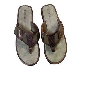 Fossil Mens Brown Leather Suede Thong Flip Flop‎ Shoes Rubber Sizing Tag Worn